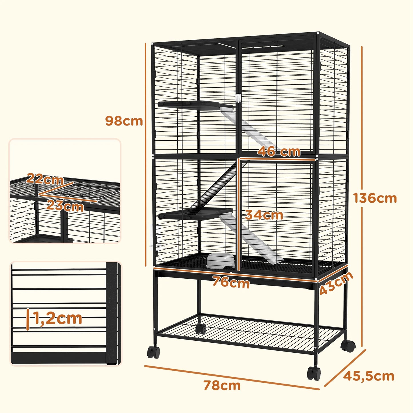 Dierenkooi voor Kleine Huisdieren – Fretkooi – Chinchillakooi – Kooi met Meerdere Niveaus – Kleine Dieren Kooi – Ruim Ontwerp 78x45,5x136 cm – Stevige Stalen Constructie - QUORE