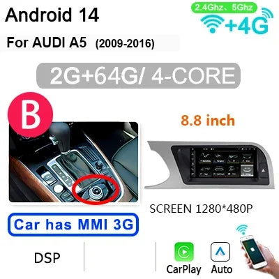 Autoradio Audi A5 – Multimedia Speler – 2-DIN Stereo – Navigatiesysteem – Touchscreen – Android 14 – 8.8 Inch – Draadloos CarPlay & 4G LTE