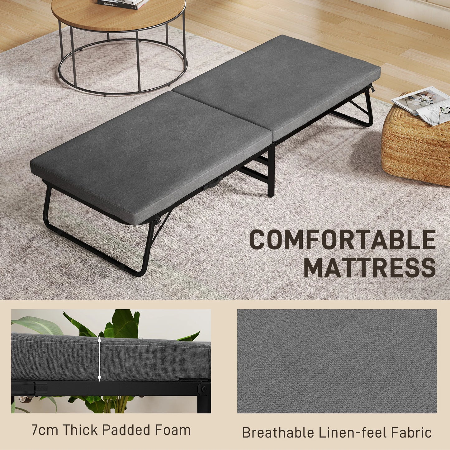 Inklapbaar Logeerbed – Opvouwbaar Bed – Gastbed – Extra Bed – Verstelbare Rugleuning – 7 Cm Schuimmatras – Draagvermogen 120 Kg - 70x190 cm