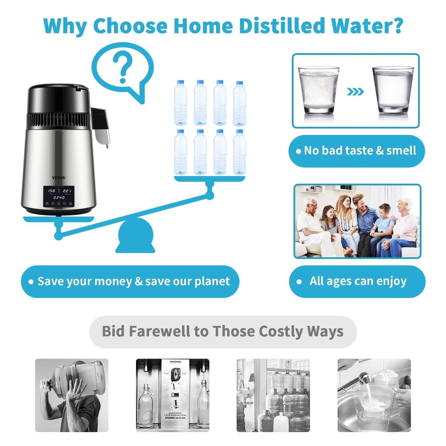 Water Distiller - Distillation Apparatus - Water Purifier - 1L Capacity - Fast Water Purification - Adjustable - Temperature - Timer - Stainless Steel Housing - Silver