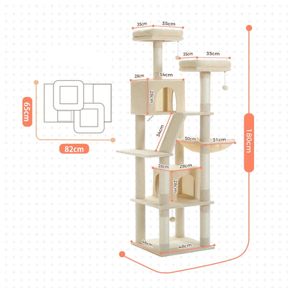 Kattenboom - Kitten Krabpaal - Sisal Krabpalen - Krabpaal - Katten Klimmuur - Krabplanken - Arbre a Chat - Hangmat & Speeltjes - Meerdere Verdiepingen - met Pluche Kattenhuisjes - 180cm - Zwart - QUORE