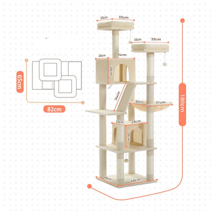 Kattenboom - Kitten Krabpaal - Sisal Krabpalen - Krabpaal - Katten Klimmuur - Krabplanken - Arbre a Chat - Hangmat & Speeltjes - Meerdere Verdiepingen - met Pluche Kattenhuisjes - 180cm - Beige