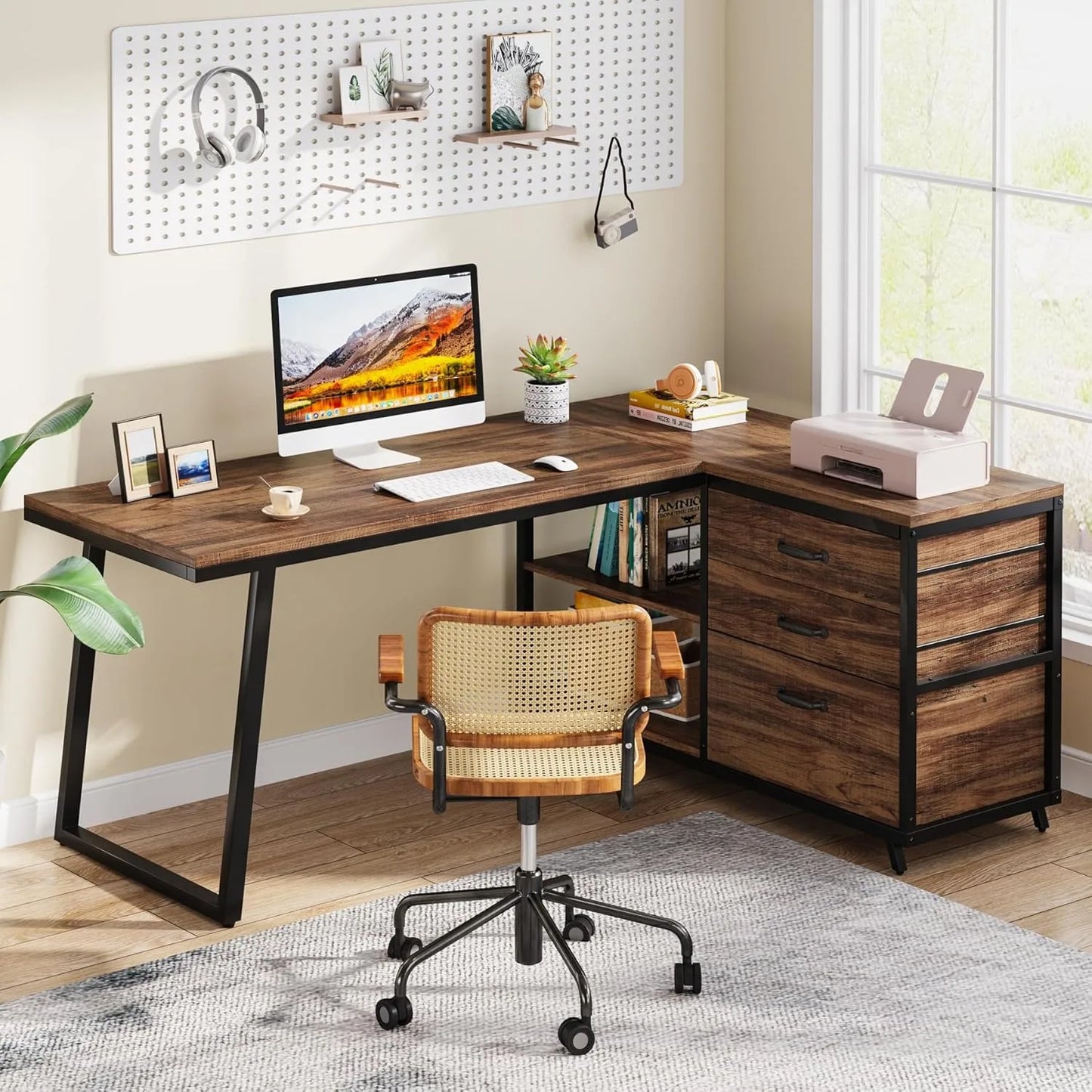 L-vormig Bureau – Hoekbureau – Thuiswerkplek – Kantoorbureau – Opberglades – Stevig Metalen Frame – Verstelbare Pootjes
