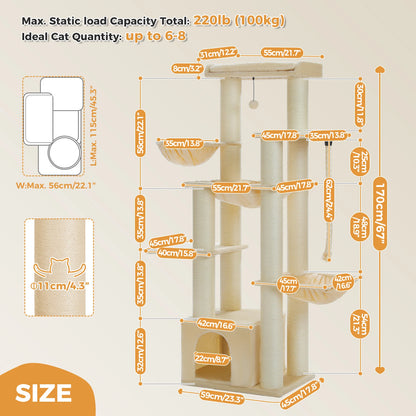 Krabpaal – Kattenboom – Kattenhuis – Krabton – Kattentoren – Extra Groot 169 cm – 13 Dikke Sisal Krabpalen