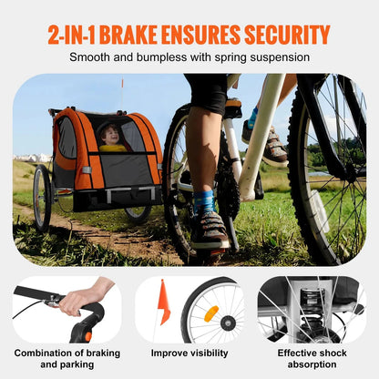 Fietstrailer - Fietskar - Aanhanger Fiets - Fietskar Voor Kinderen - Kinderfietskar - Opvouwbare Kinderwagen - 2-in-1 - 40kg - Vering - Reflectoren - Universele Fiets - voor Peuters en Kleuters