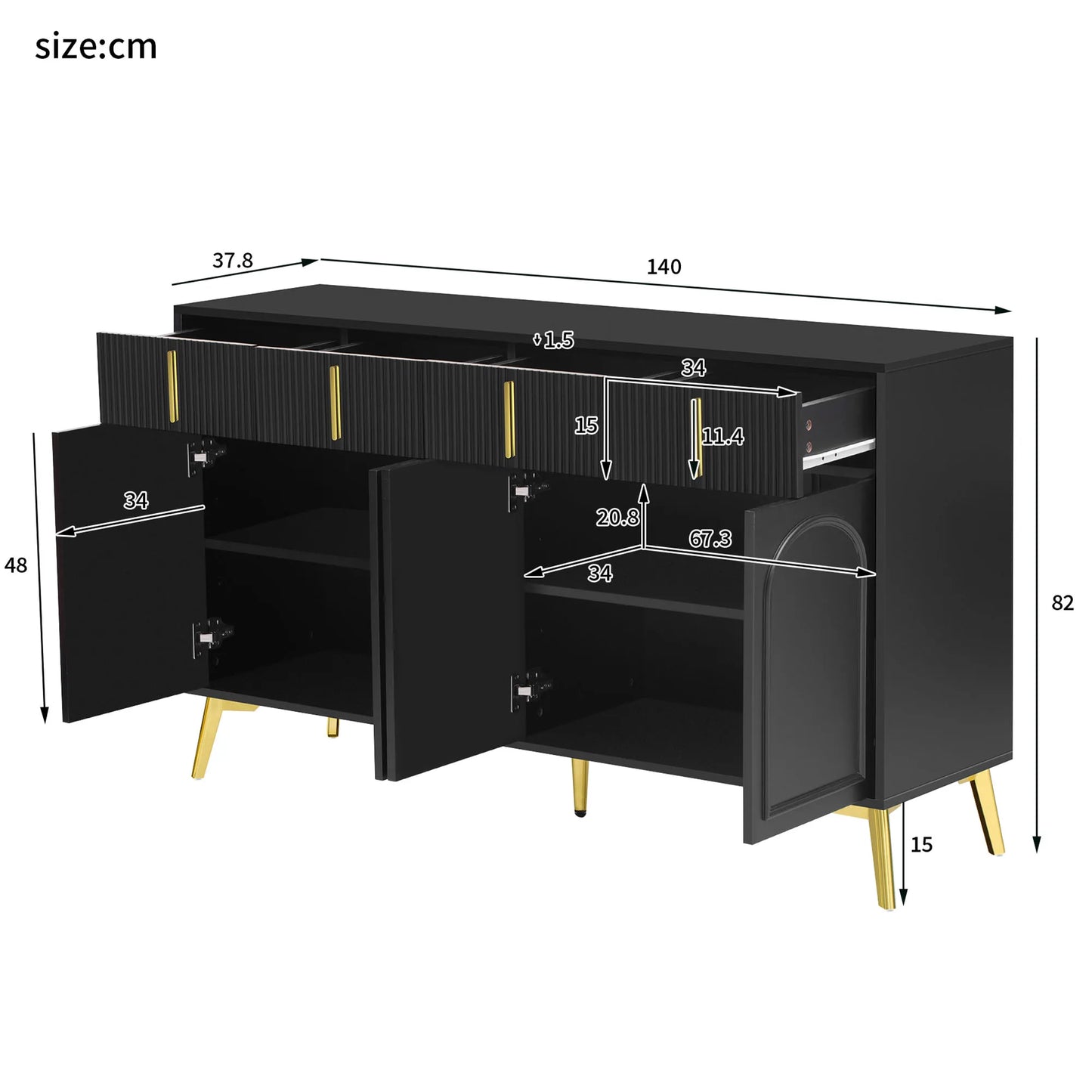 Kast - Dressoir - Opbergkast - Woonkamer - 140 cm x 37,8 cm x 82 cm - Zwart