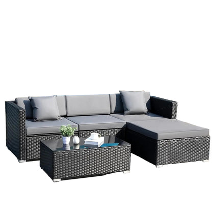 Polyrattan Loungeset – Tuinmeubelset – Buitenbank – Rattan Loungesofa – Loungehoek – Weerbestendig Polyrattan – 5-delig Met Verstelbare Voetjes - Zwart