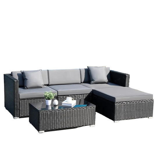 Polyrattan Loungeset – Tuinmeubelset – Buitenbank – Rattan Loungesofa – Loungehoek – Weerbestendig Polyrattan – 5-delig Met Verstelbare Voetjes - Zwart
