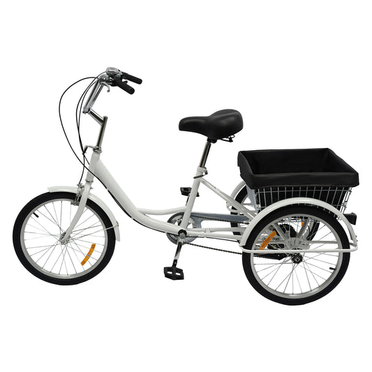20" 8-Speed Adult Tricycle Adjustable 3-Wheel Bicycle Road Trike Bike Load 110kg with Basket+Bell+Mudguards 160*64cm Black/White