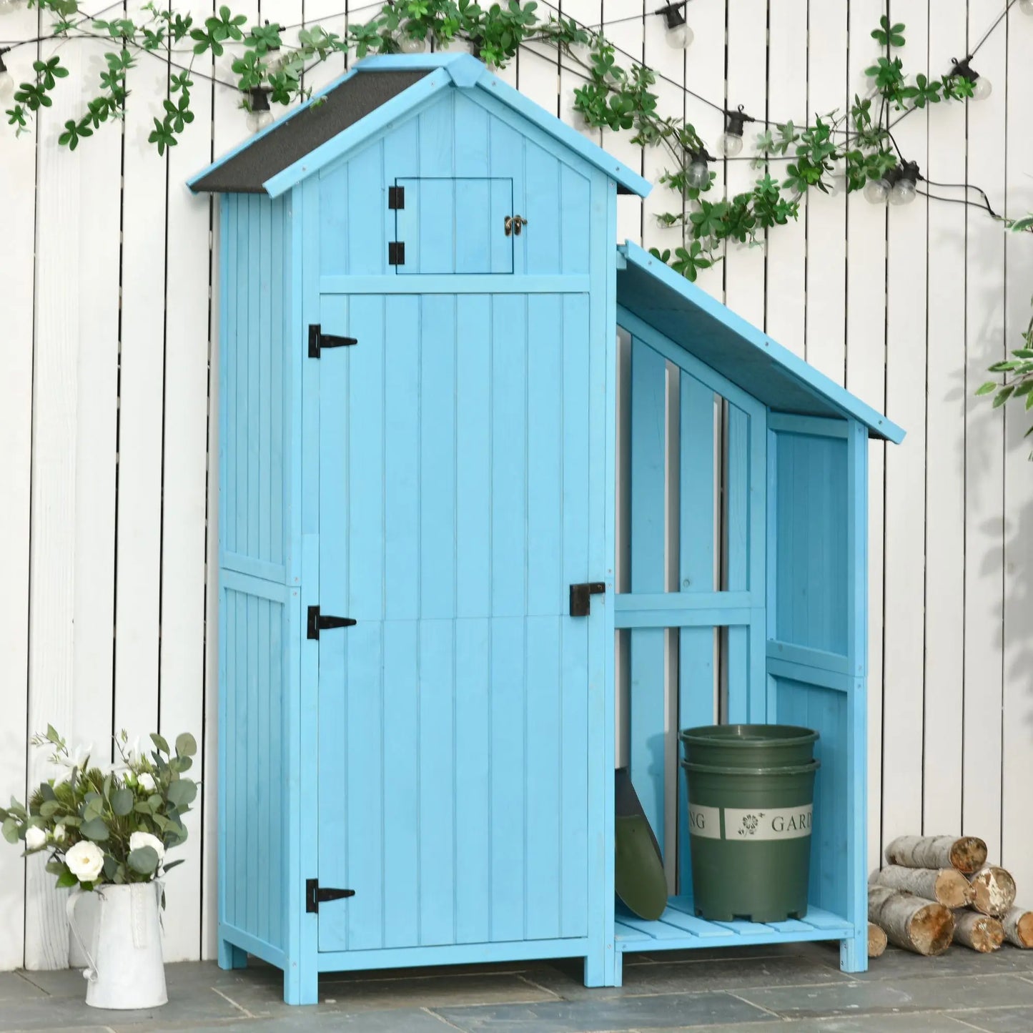 Tuinkast – Tuinberging – Tuinopslag – Tuinschuur – Tuinbox – Vurenhout – Waterafstotend Schuin Dak – Compact 130x54,5x180 cm - Hemelsblauw