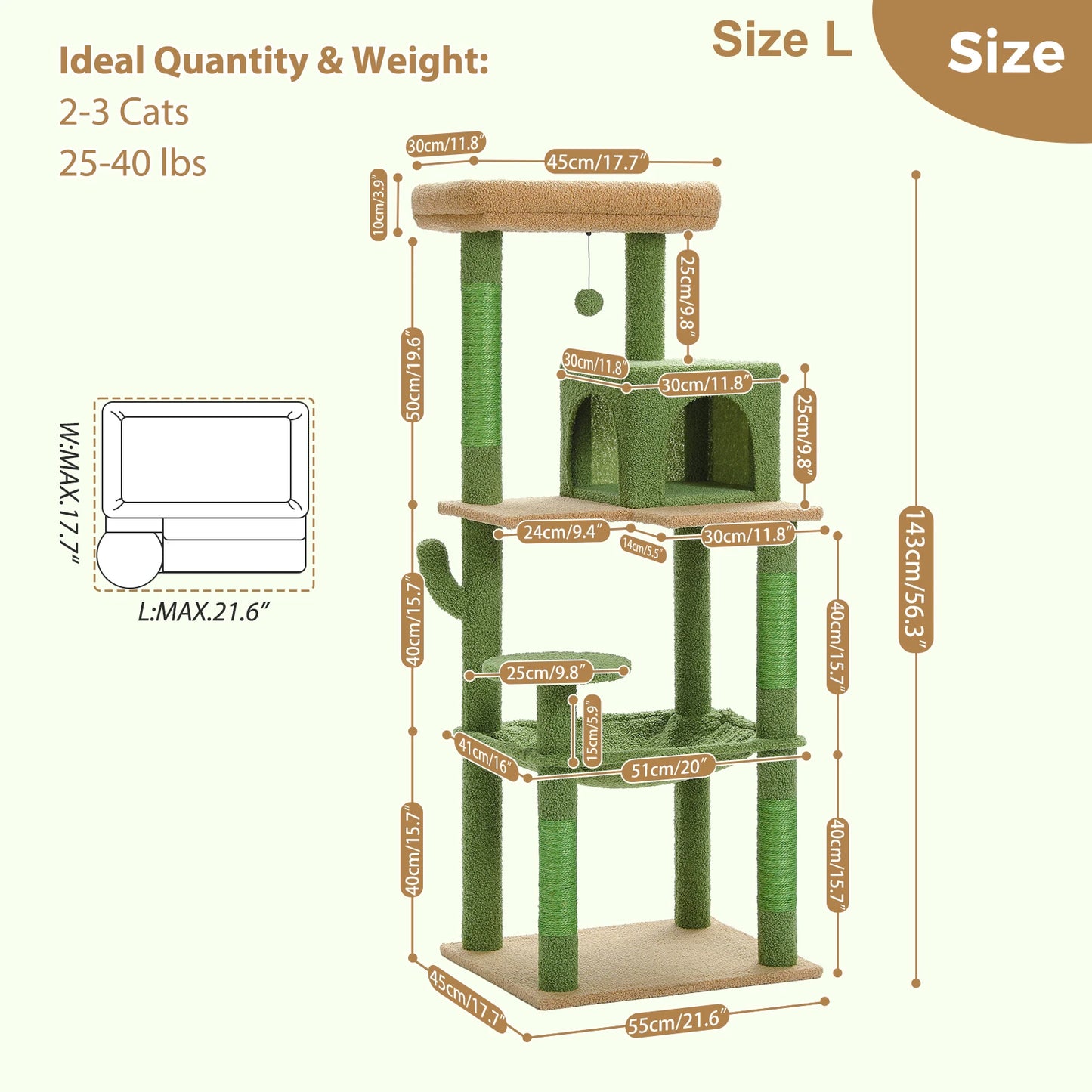 Kattenboom -  Krabpaal - Luxe Krabpaal met Meerdere Niveaus – Kattentoren met Huisje & Krabpalen – Stabiele Kattenboom voor Binnen – Kattenaccessoires & Speelgoed - Large -  143cm - Groen