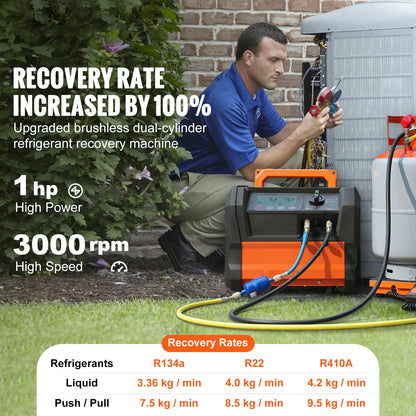 VEVOR Refrigerant Recovery Machine, 1 HP Dual Cylinder Portable AC Recovery Machine with 3000rpm Brushless Motor, for Automotive