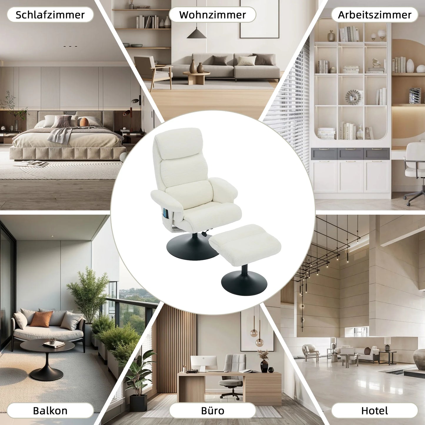 Massagestoel – Relaxfauteuil – TV-stoel – Massagefauteuil – Massagekussen – 5-Punts Massage – Elektrische Verwarming – 360° Draaibaar – Chenille Stof – Verstelbare Rugleuning 140° – Inclusief Voetenbank