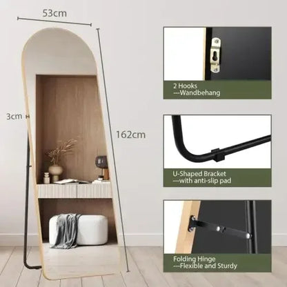 Spiegel - 162x53 cm – Spiegel Staand - Wandspiegel - Full Length - Rechthoekig Design - met Slanke Metalen Frame - Kristalhelder HD Glas - 3-in-1 Gebruik - Goud Gebogen - QUORE