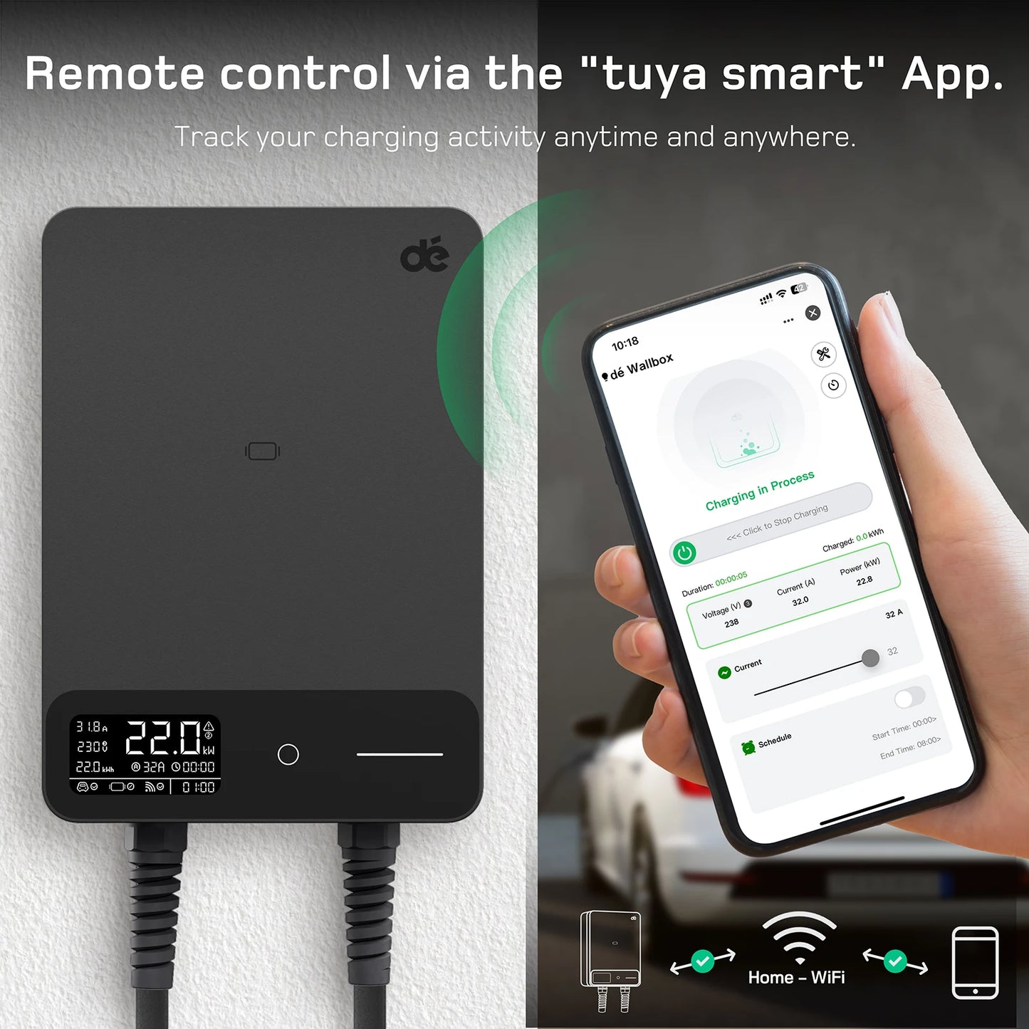 22kW Wallbox – Elektrische Laadpaal – EV Laadstation – Thuislader – Oplaadpunt – 10 Meter Type 2 Laadkabel – Wifi App Bediening – Veilige Aardlekschakelaar Type B - QUORE