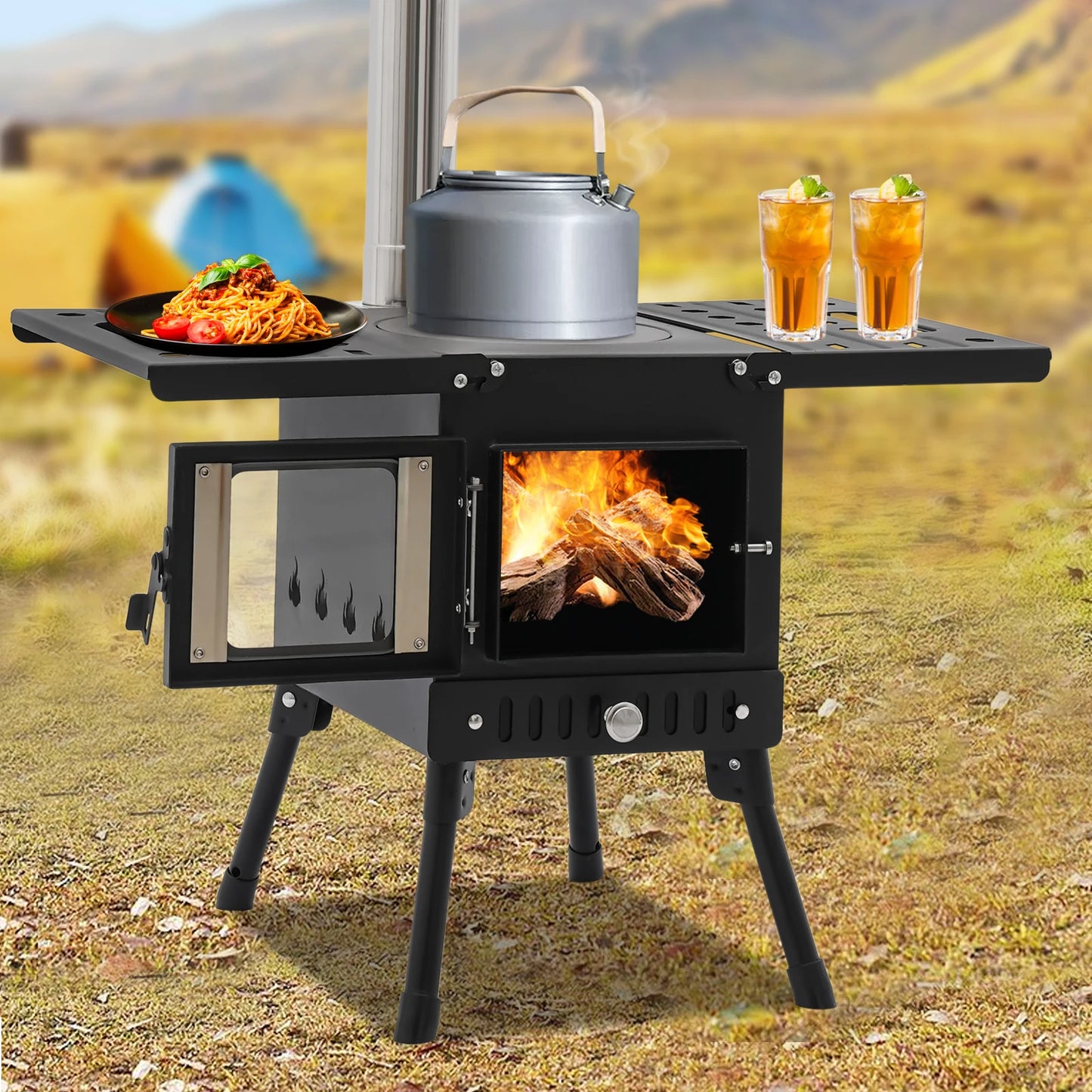 Houtkachel – Draagbare Kachel – Buiten Koken – Kampeeroven – Compact Design – Hoogwaardig Koolstofstaal – Verstelbare Poten