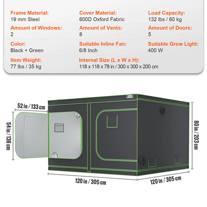 Reflecterende Mylar hydrocultuurtent met kijkvenster - hydrocultuurtent - kweektent - hydrocultuursysteem - hydrocultuurkit - 600D120x120x80inch - voor groeiende planten.