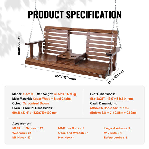 VEVOR Outdoor Porch Swing 5ft  Wooden Patio Bench Swing Garden Heavy Duty Swing Chair with Hanging Chains Upgraded 880lbs Load