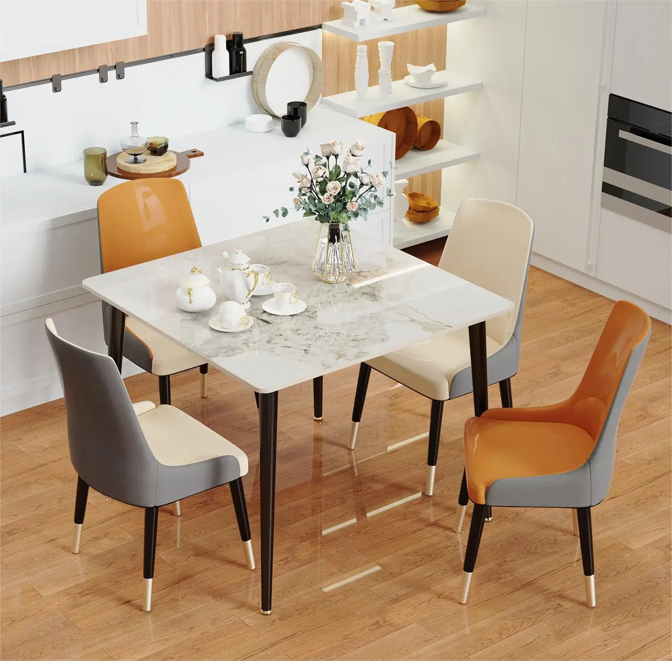 Eetkamertafel – Marmeren Tafel – Vierkante Eettafel – Compacte Tafel – Sintered Stone Blad – Robuuste Metalen Poot – 80x80 cm - Glanzend wit