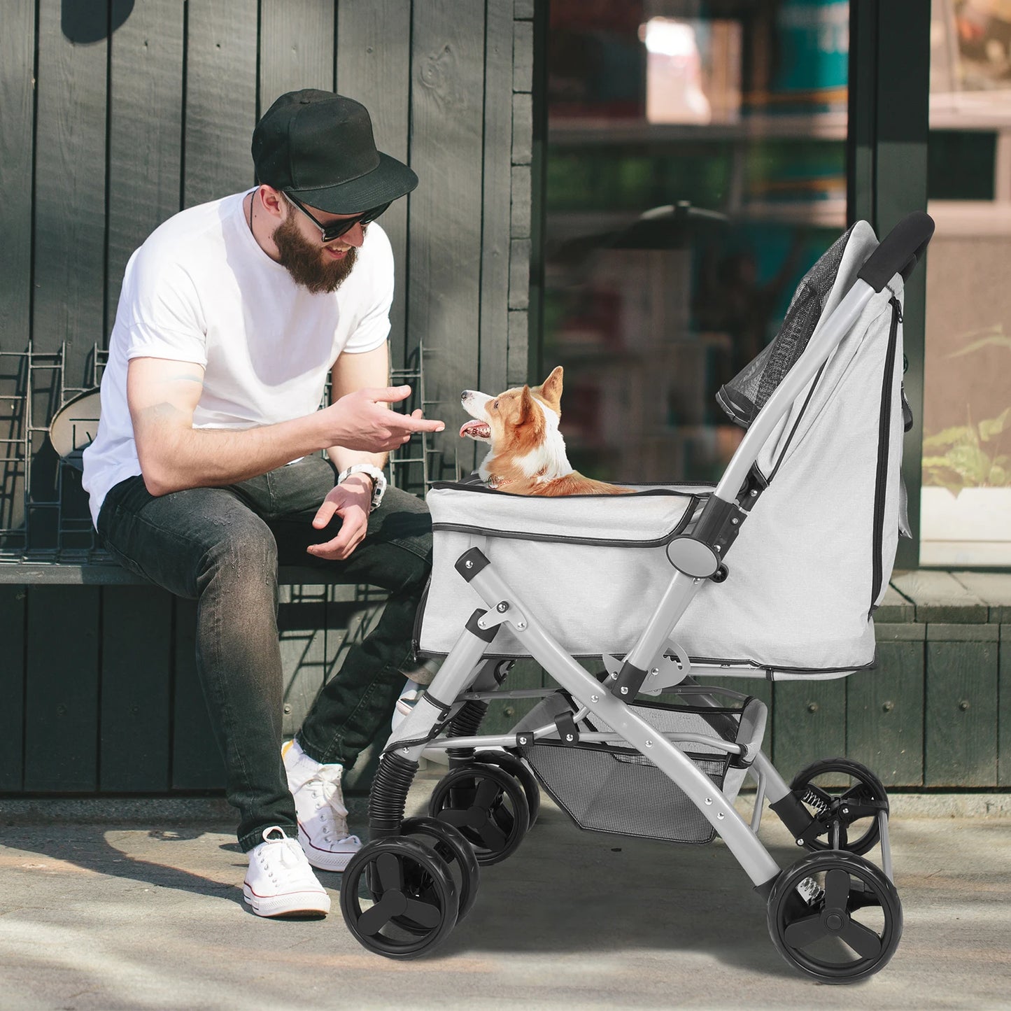 Hondenbuggy - Hondenkar - Kattenbuggy - Opvouwbare - Huisdierenbuggy - met Roterende Wielen en Rem – Tot 36 kg – Opvouwbaar met Opbergmand voor Kleine en Middelgrote Honden - Blauw