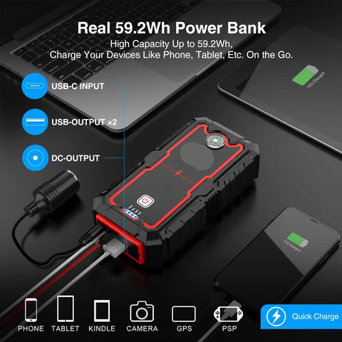 Jumpstarter - Jumpstarter voor auto - 10W - 2000A - Met compressor - Jumpstarter met Powerbank, SOS-noodverlichting - Voor 8.0L/6.0L noodaccu in auto - Zwart