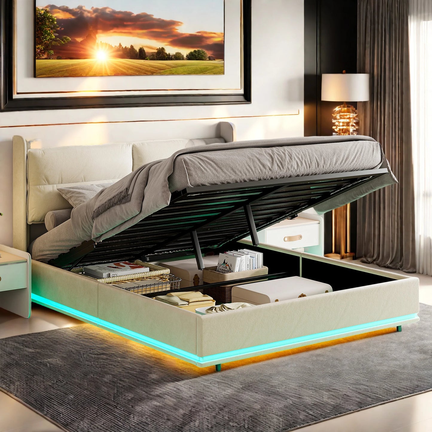 Tweepersoonsbed – Opbergbed – Slaapbank – Fluwelen Bed – Bed Met Opbergruimte – 160x200 cm – Hydraulisch Opbergsysteem – Verstelbare LED-lichtstrip