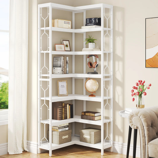 Hoekboekenkast - Hoekkast - Stellingkast - 7-Tier Boekenkast Industriële - Hout en Metaal – Vrijstaande Opbergplank - Witte Afwerking - QUORE