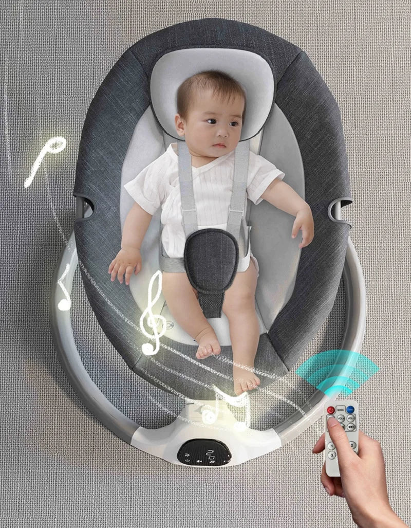 Elektrische Wipstoel - Babyschommel - Schommelstoel - Wipstoel Baby - Babybedje - Wiegstoel - met Afstandsbediening - Klamboe - Speelgoed - Dienblad Grijs