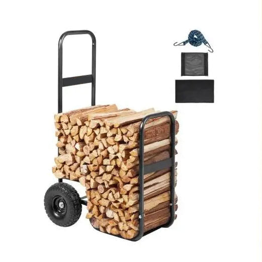 Brandhoutwagen - Kar - Steekwagen - Houtkar op Wielen voor Binnen en Buiten - Houtopslagwagen met Handgreep en Onderlade – Stalen Brandhoutdrager voor Openhaard of Vuurkorf - 100kg - Zwart