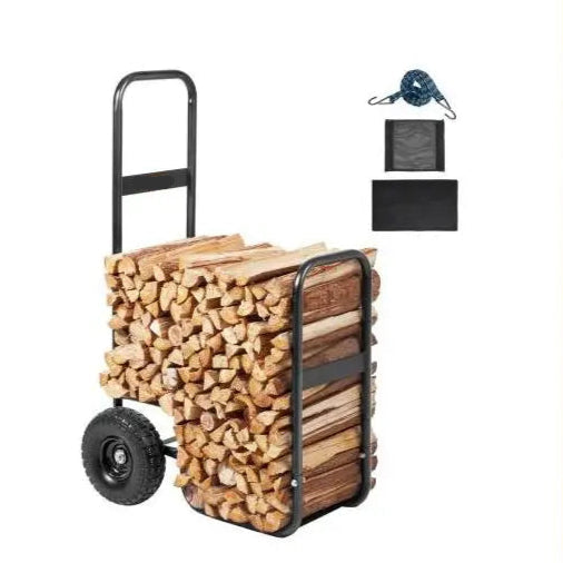 Brandhoutwagen - Kar - Steekwagen - Houtkar op Wielen voor Binnen en Buiten - Houtopslagwagen van Staal voor Openhaard of Vuurkorf – Sterke Houtdrager met Handgreep - 100kg - Zwart - QUORE