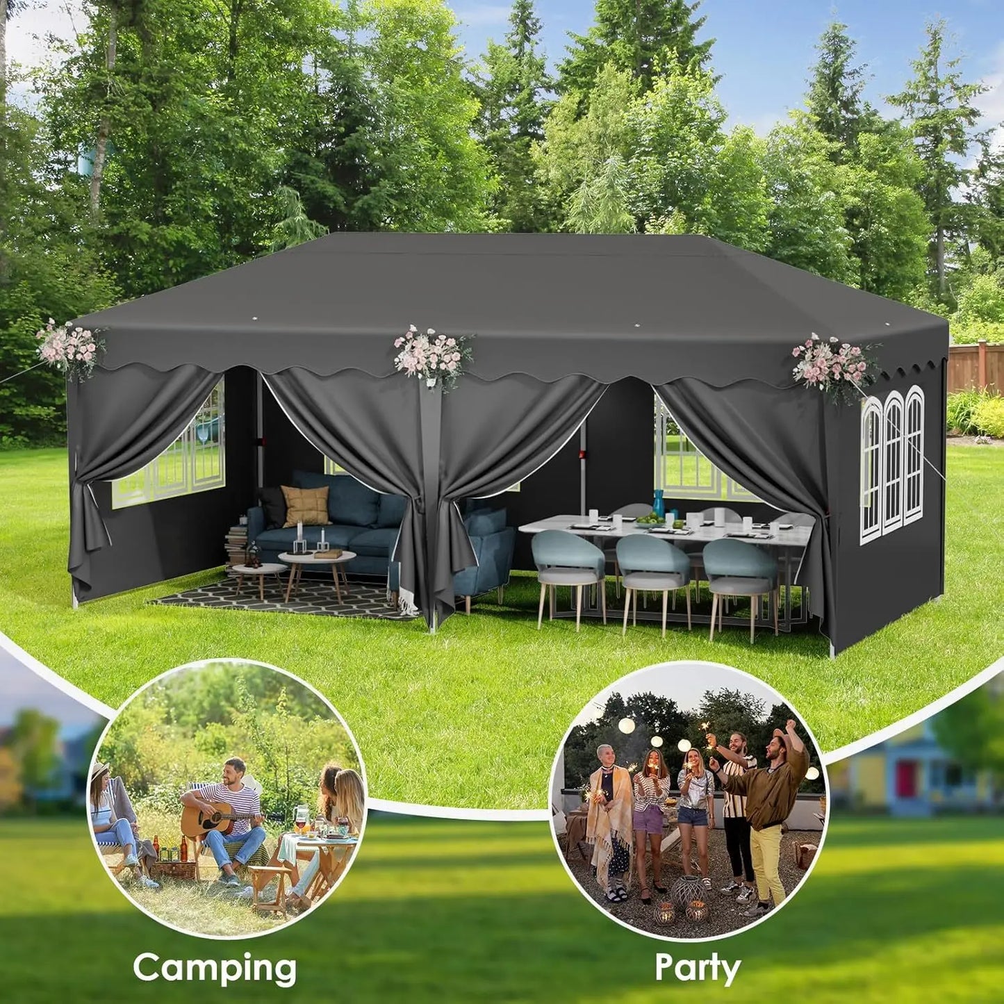 Paviljoen - Tuinpaviljoen - Partytent - Tuintent - Pop-up Kliksysteem - Stabiel - Vouwtent - Opvouwbaar - met 6 Zijpanelen - Waterdicht - Winterbestendig - 50+UV-Bescherming - voor Tuin - Buiten - Achtertuin - Oxford fabric - 3 x 6 m - Donkergrijs - QUORE
