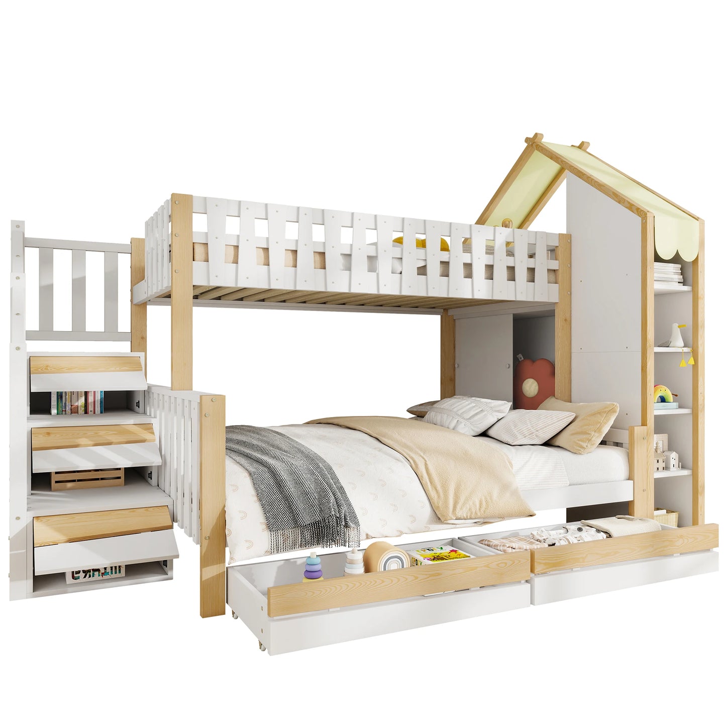 Hoogslaper – Stapelbed – Kinderbed – Mezzaninebed – Zolderbed – Tweepersoonsbed 90x200 & 140x200 cm – Massief Houten Frame – Met Ladder & 2 Opberglades – Zonder Matras