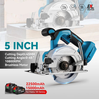 Accu Cirkelzaag - 125 mm Zaagblad - Handcirkelzaag - 0-45° Verstekzaag - Brushless Motor - Voor Hout - PVC - en Tegels - 10800RPM - Zonder Accu