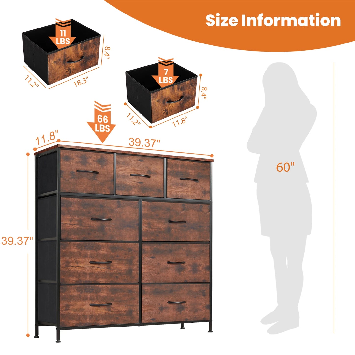 Ladekast - Ladenkastje - met 9 Stoffen Laden – Ruime Dressoir Kast - Stabiele Opbergkast - Compact en Ruimtebesparend - voor Slaapkamer en Kleding - Bruin