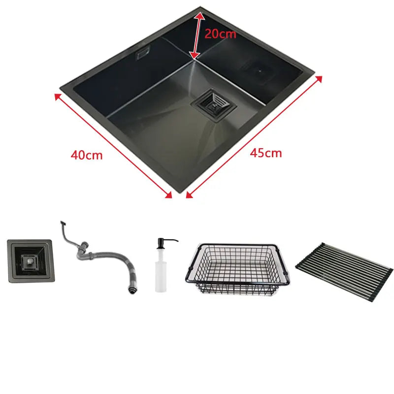 Matte Zwarte Keukenspoelbak – Spoelbak RVS – Enkelvoudige Kom – Onderbouwspoelbak – Aanrechtspoelbak – 45x40 cm – 3,0 mm Dikke Roestvrij Staal Nano Coating