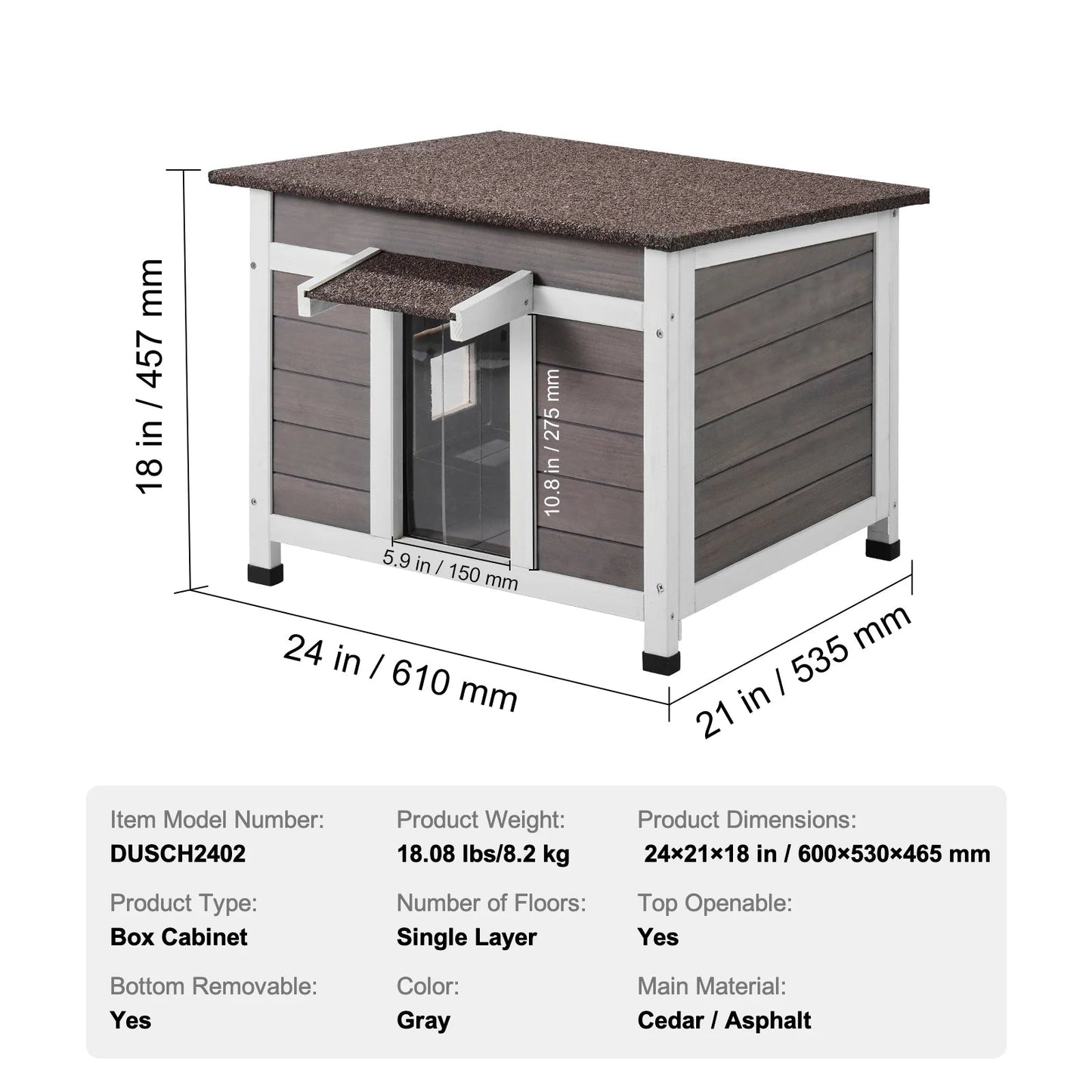 Kattenhuis - Kattenhok - Weerbestendig Houten - Geïsoleerd Buitenverblijf - voor Feral Katten - en Konijnen - Ruim en Veelzijdig - Grijs - 24inch
