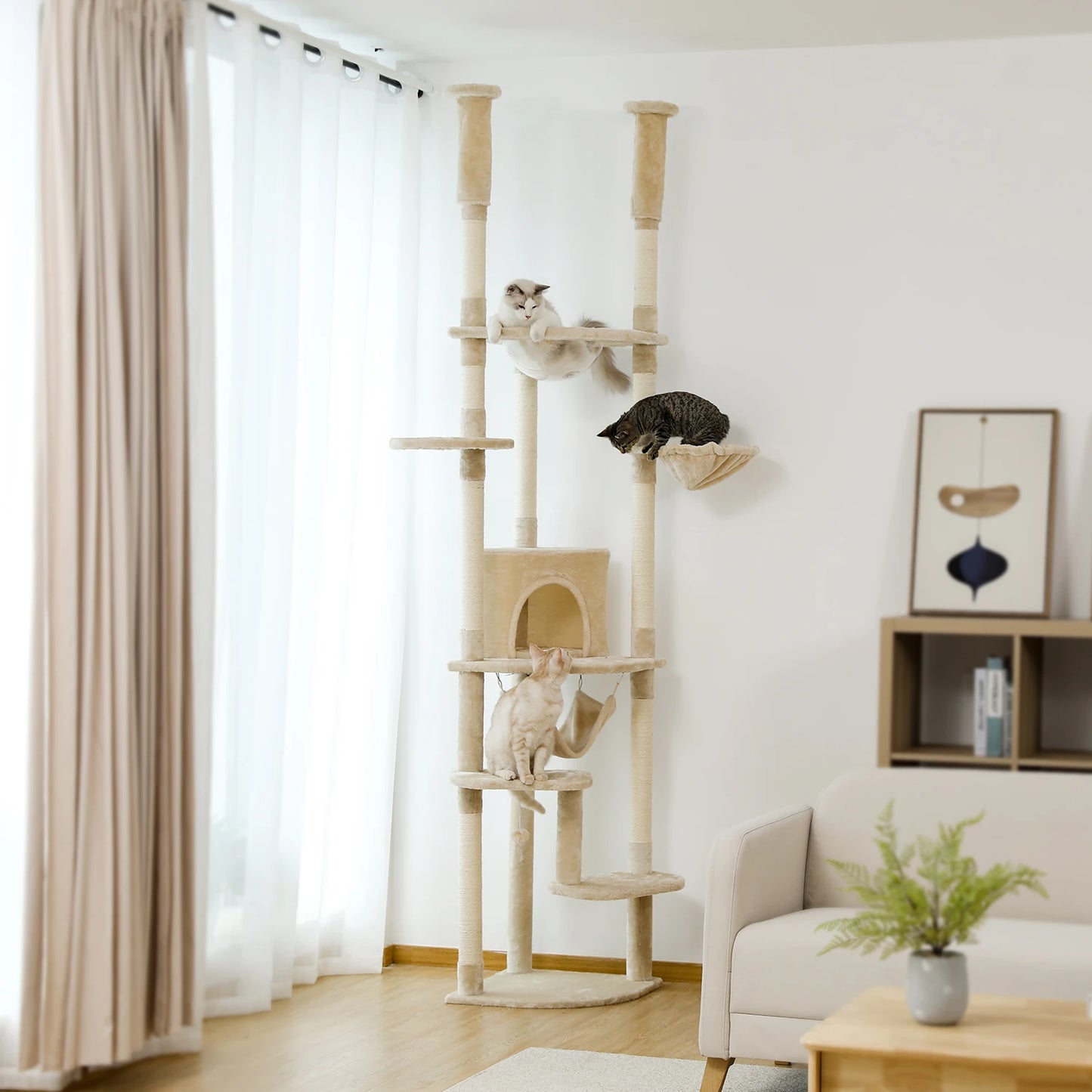 Krabpaal - Kattenkrabpaal - Krabton - Kattenboom - Plafondhoge Krabpalen - Kattenhuis - met klimplatforms, hangmat en sisalpalen - Verstelbare - Grijs