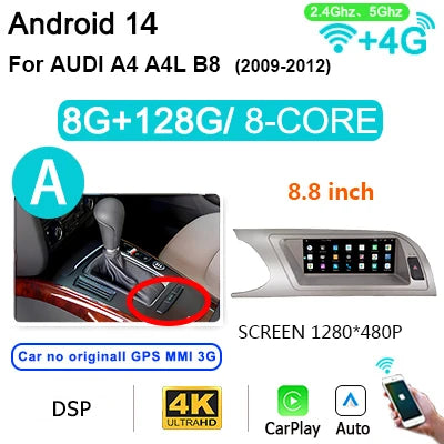 8.8’’ Android 14 Autoradio – 2 Din Multimedia Speler – CarPlay Android Auto – 4G LTE Wifi Radio – 8GB RAM 256GB Opslag – Plug & Play Installatie