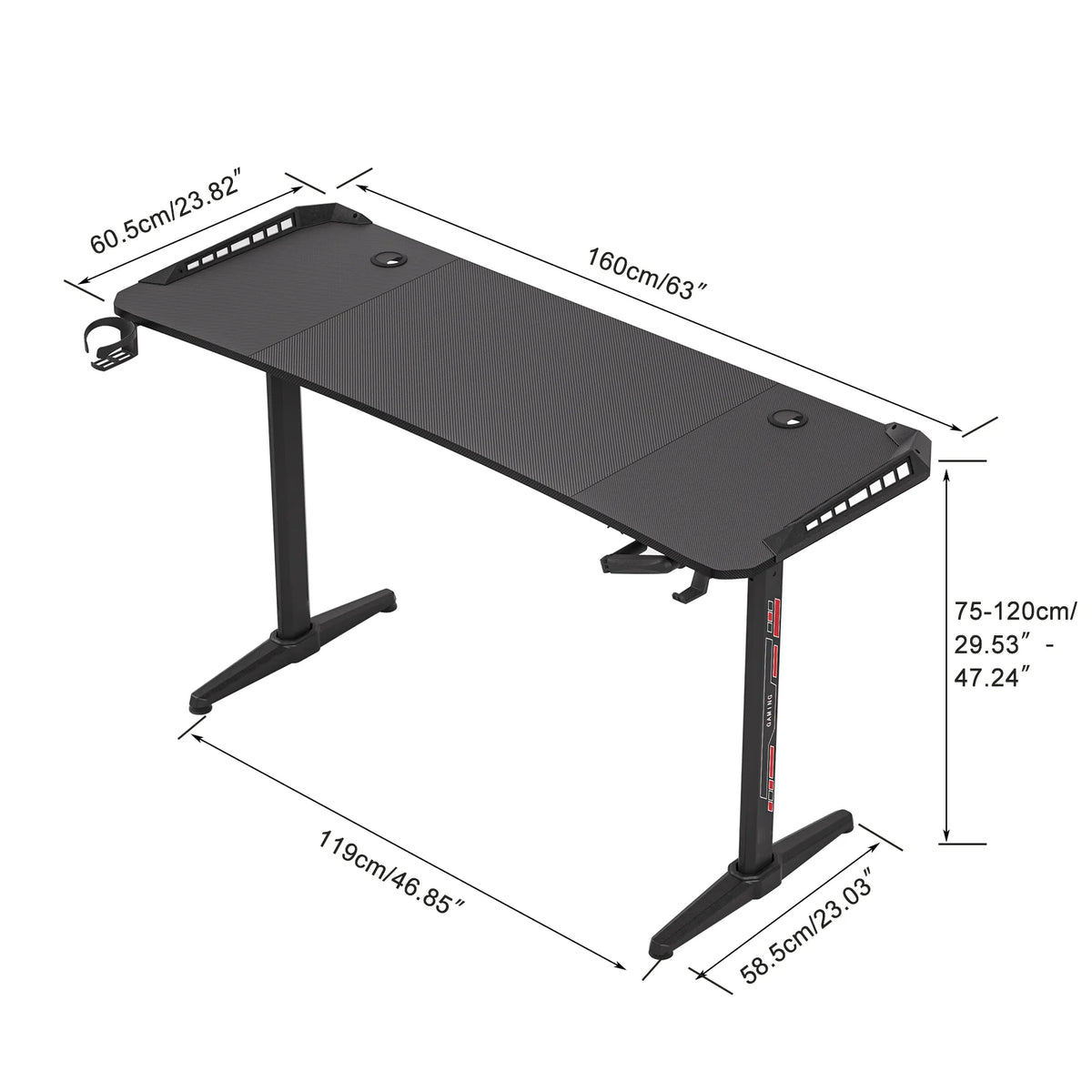 Groot laptopcomputerbureau - Gaming en Thuiskantoor - In Hoogte Verstelbaar - met Houder - 160CM - Rechthoekig Staand Bureau - Ergonomische Kantoorlifttafel - Zwart - QUORE