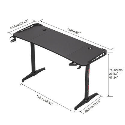 Groot laptopcomputerbureau - Gaming en Thuiskantoor - In Hoogte Verstelbaar - met Houder - 160CM - Rechthoekig Staand Bureau - Ergonomische Kantoorlifttafel - Zwart - QUORE