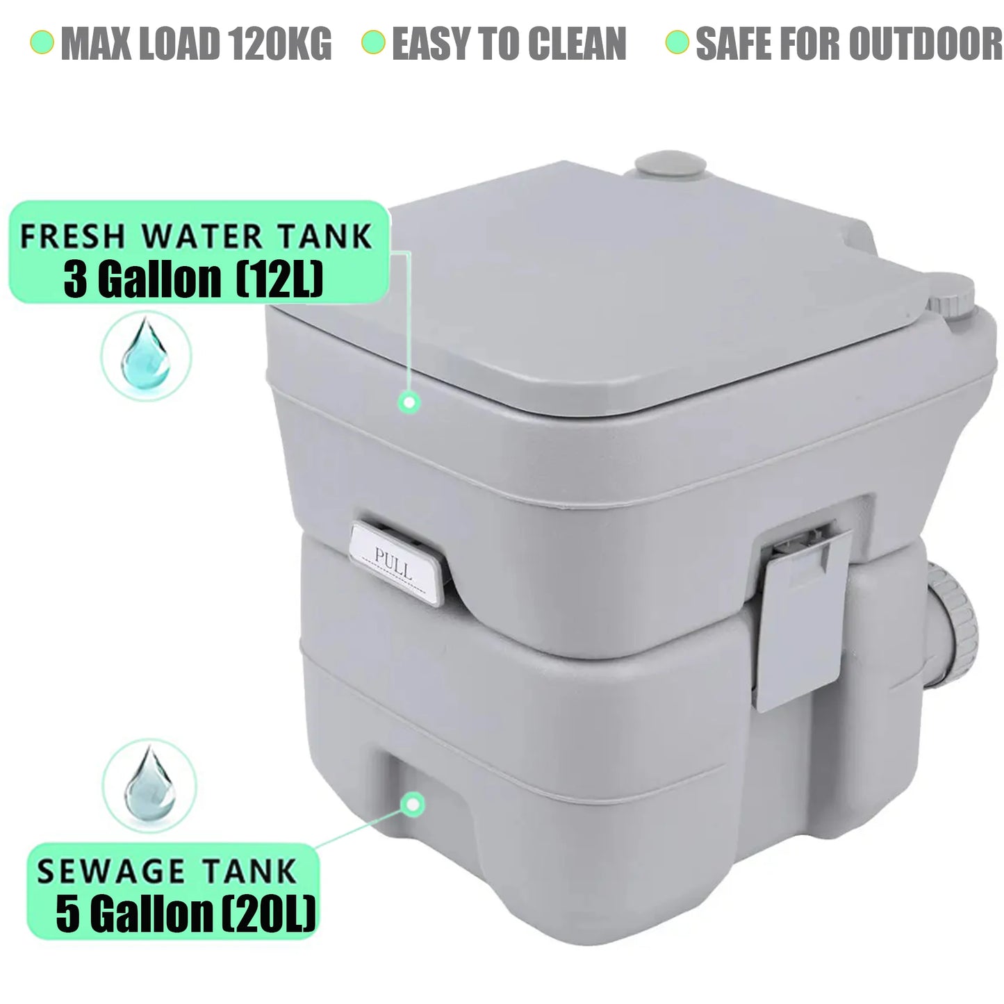 Draagbaar Campingtoilet – Chemisch Toilet 20L – Met Dubbel Spoelsysteem – Voor Caravan, Camper of Tent – Tot 130 kg Draagvermogen – Te Gebruiken met of zonder Chemicaliën