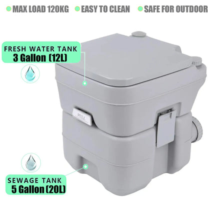 Draagbaar Campingtoilet – Chemisch Toilet 20L – Met Dubbel Spoelsysteem – Voor Caravan, Camper of Tent – Tot 130 kg Draagvermogen – Te Gebruiken met of zonder Chemicaliën