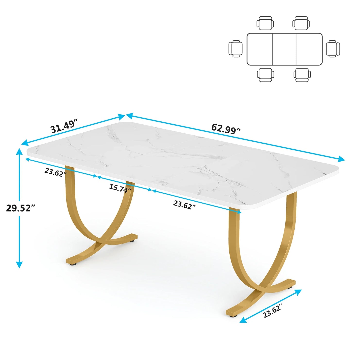 Eettafel – Tafel – Eetkamertafel – Bureau – Ontbijttafel – 160 Cm – Marmerlook – Gouden Metalen Poten - Zwart