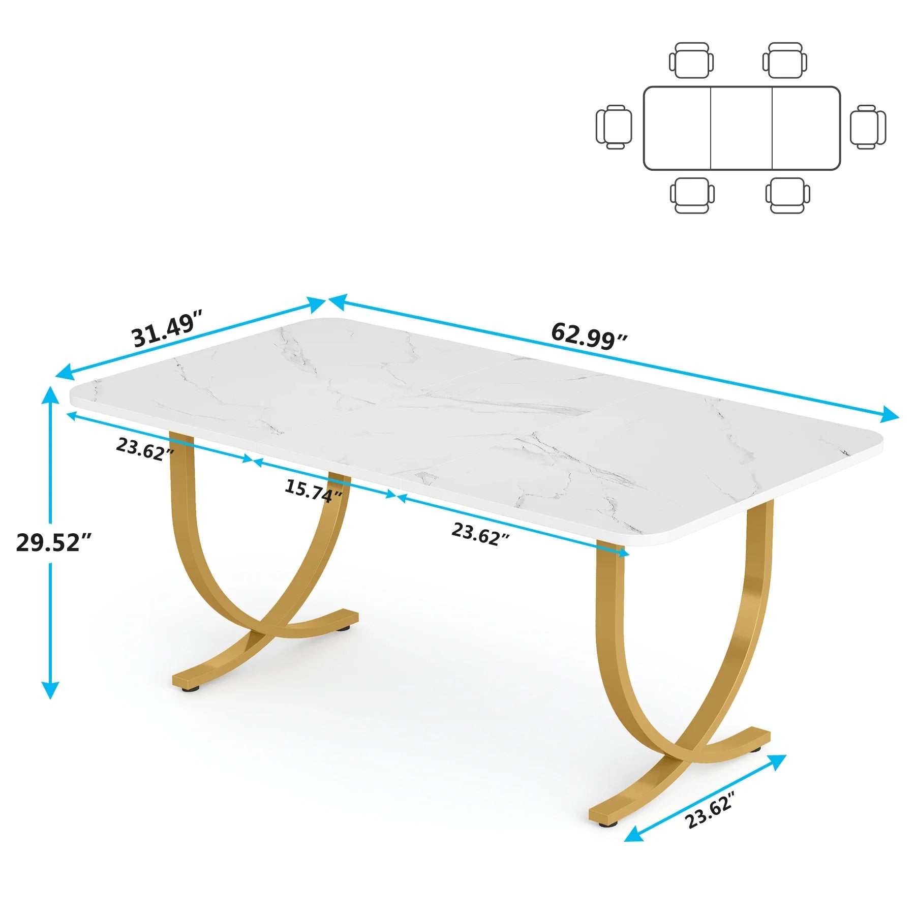 Eettafel – Tafel – Eetkamertafel – Bureau – Ontbijttafel – 160 Cm – Marmerlook – Gouden Metalen Poten - Wit - QUORE