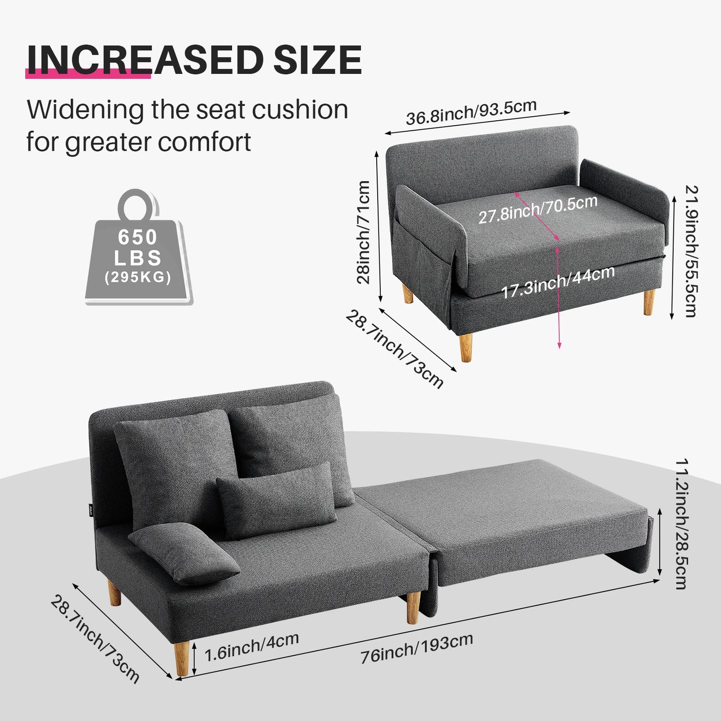 Slaapbank – Bedbank – Ligbank – Zetelbed – Compact Ontwerp – Stevig Houten Frame – Comfortabel Schuimkussen - Grijs - QUORE