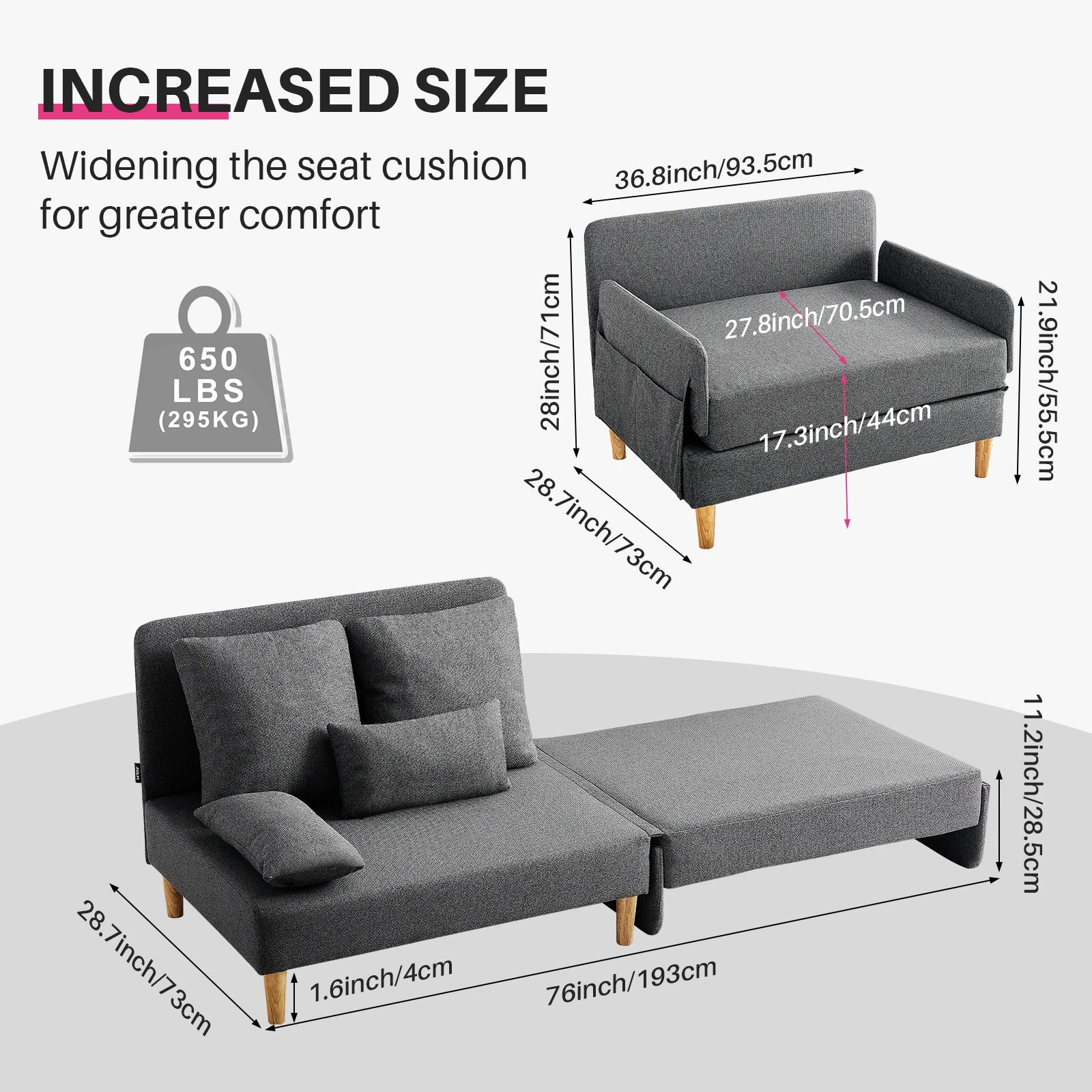 Slaapbank – Bedbank – Ligbank – Zetelbed – Compact Ontwerp – Stevig Houten Frame – Comfortabel Schuimkussen - Grijs - QUORE