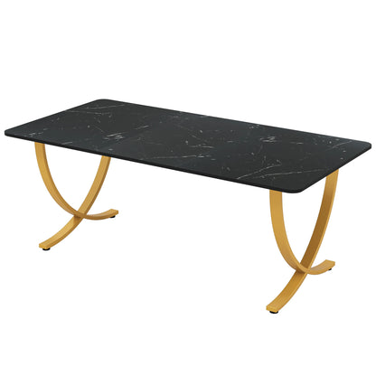 Eettafel – Tafel – Eetkamertafel – Bureau – Ontbijttafel – 160 Cm – Marmerlook – Gouden Metalen Poten - Zwart