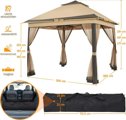 Tuinpaviljoen – Tuinoverkapping – Partytent – Schaduwdoek – Moskitonet – Waterdicht Polyester – Verstelbare Hoogte Tot 291 Cm
