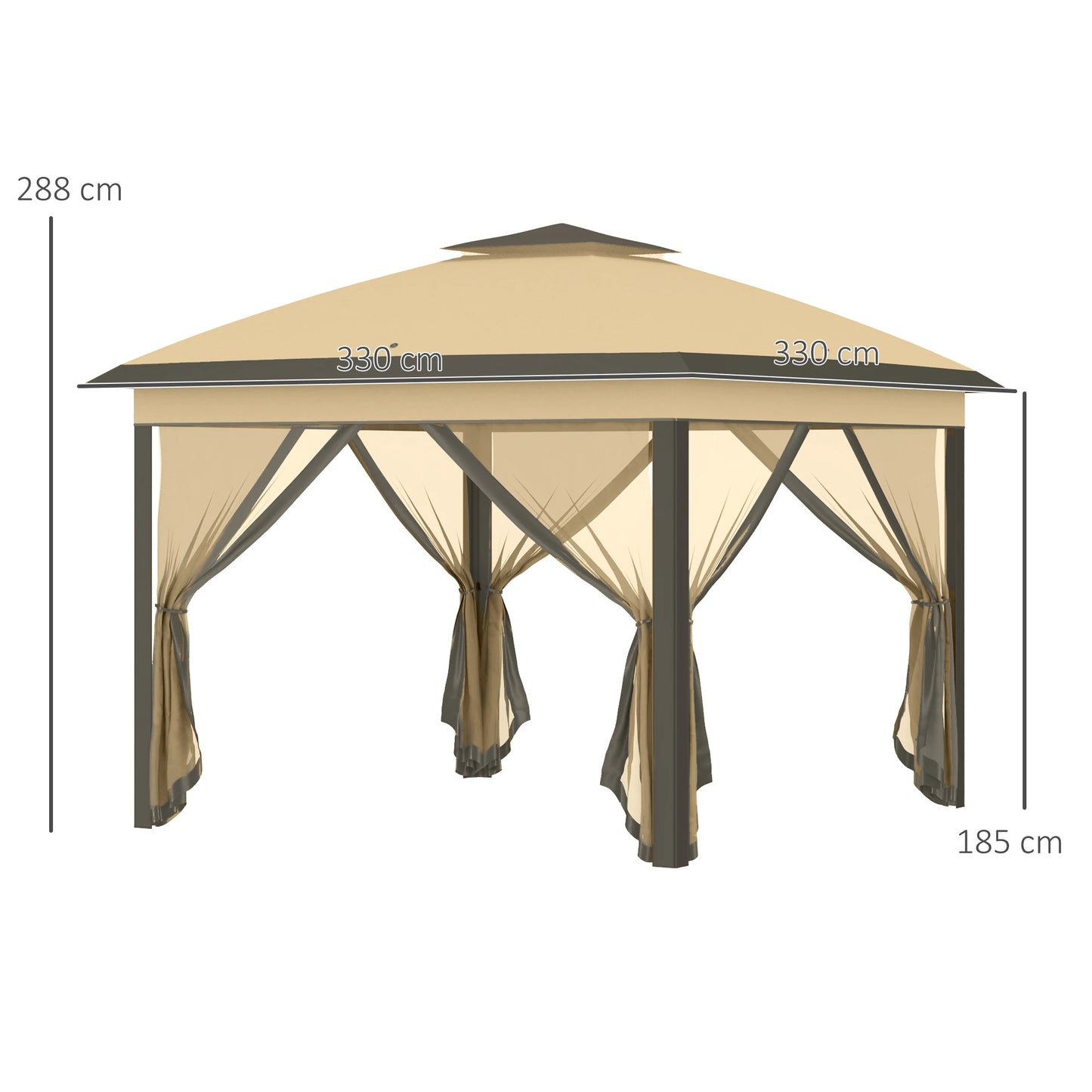 Paviljoen - Tuinpaviljoen - Partytent - Tuintent - Pop-up Kliksysteem - Stabiel - Vouwtent - met Mesh Cover - Draagtas - Opvouwbaar - Waterdicht - Winterbestendig - 50+UV-Bescherming - voor Tuin - Buiten - Achtertuin - 330 x 330 x 288 cm - Beige - QUORE