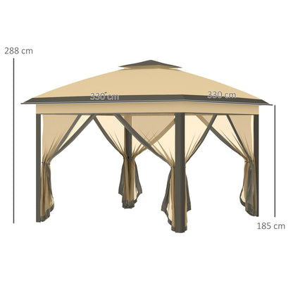Paviljoen - Tuinpaviljoen - Partytent - Tuintent - Pop-up Kliksysteem - Stabiel - Vouwtent - met Mesh Cover - Draagtas - Opvouwbaar - Waterdicht - Winterbestendig - 50+UV-Bescherming - voor Tuin - Buiten - Achtertuin - 330 x 330 x 288 cm - Beige - QUORE